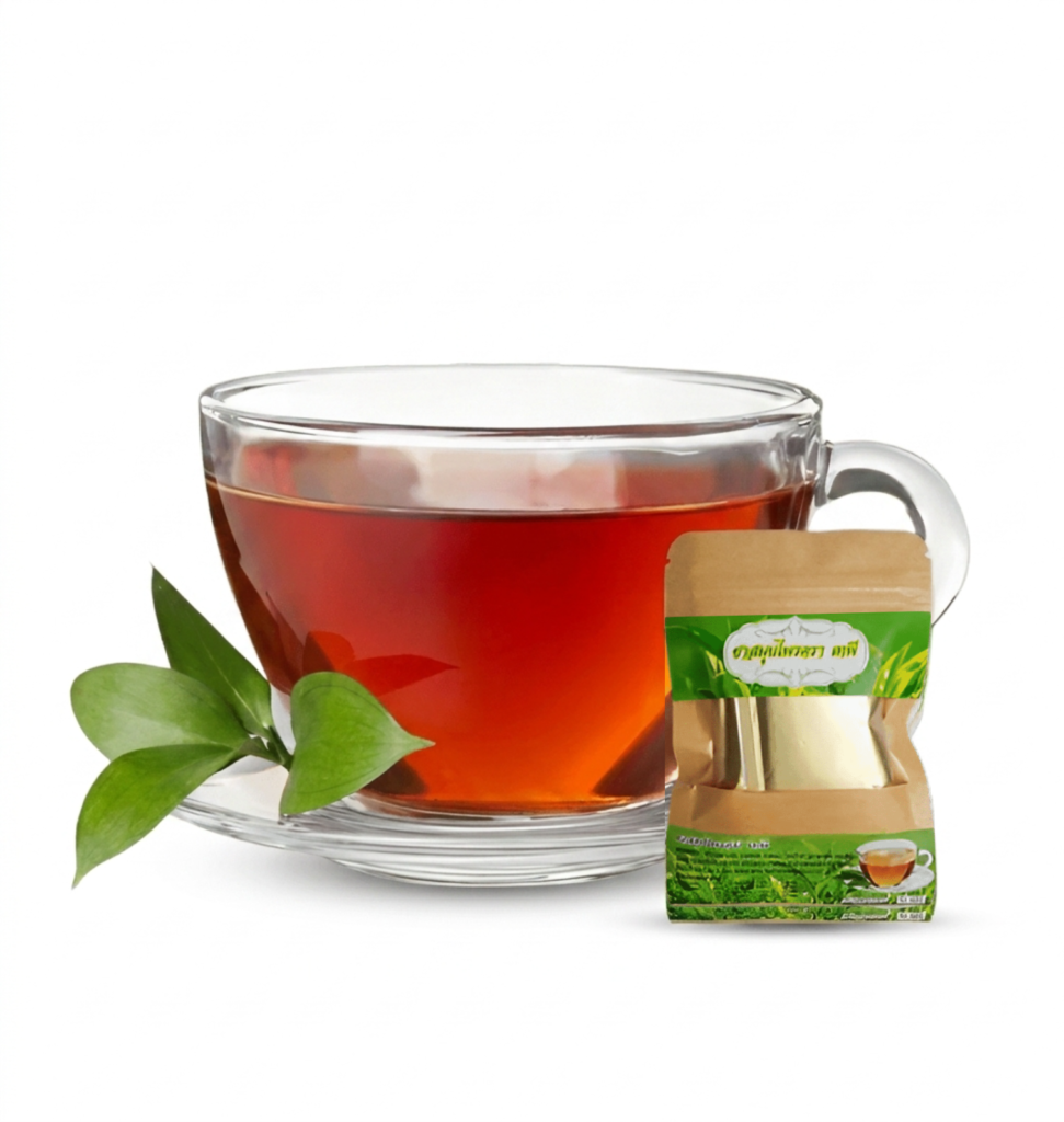 The tea brewed to a deep red-amber cup, shown with teabags and the retail pack