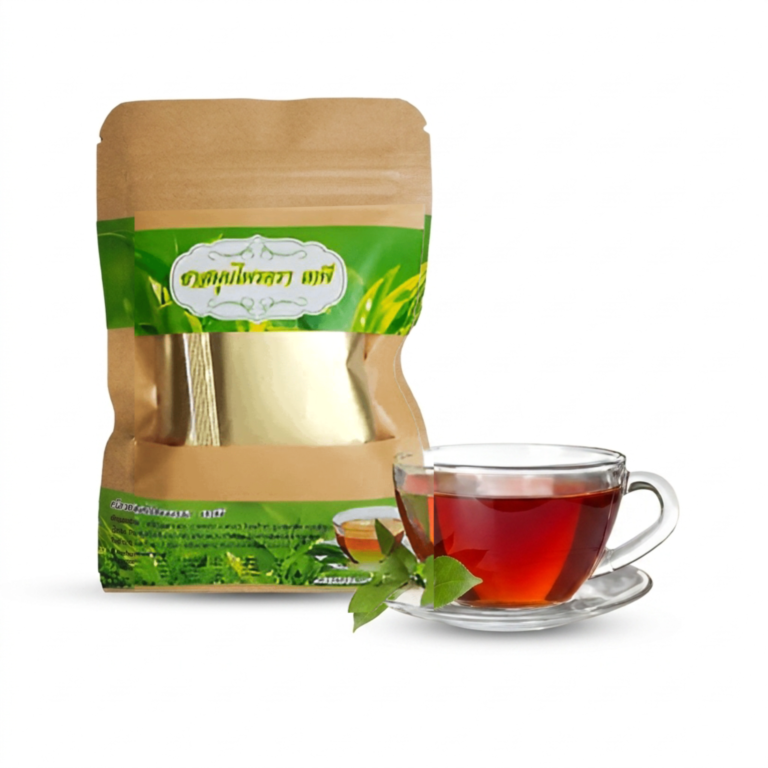 TeaTapee pack of caffeine-free 15-herb Thai herbal tea shown with its botanical ingredients
