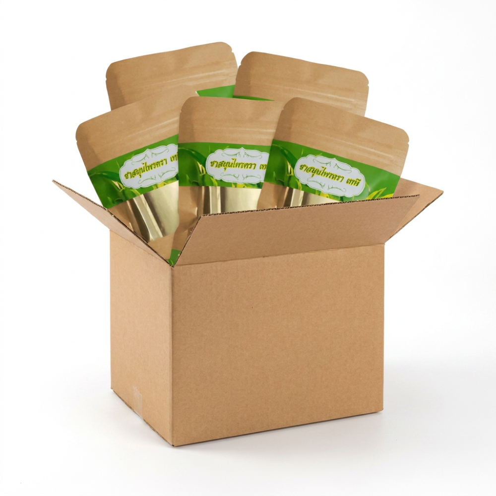 Bulk packaging — caffeine-free Thai botanical tea in 100-, 250- and 500-teabag sizes