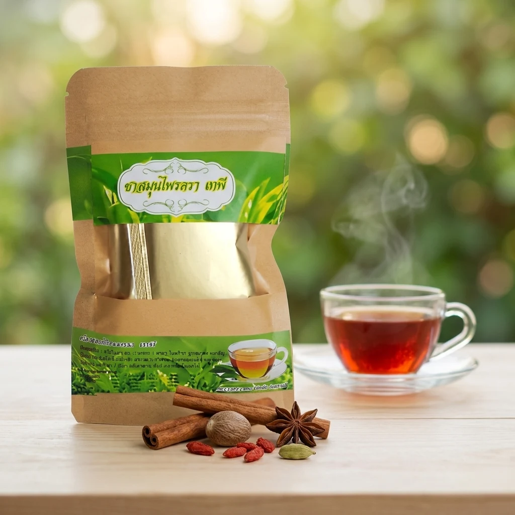 Thai Botanical Tea — 15-Herb Caffeine-Free Blend 1 15-herb Thai herbal tea: kraft pouch with a gold-foil teabag window on a wooden table, cinnamon sticks, nutmeg, star anise, goji berries and a cardamom pod in front, a steaming glass cup of the red-amber brew beside it