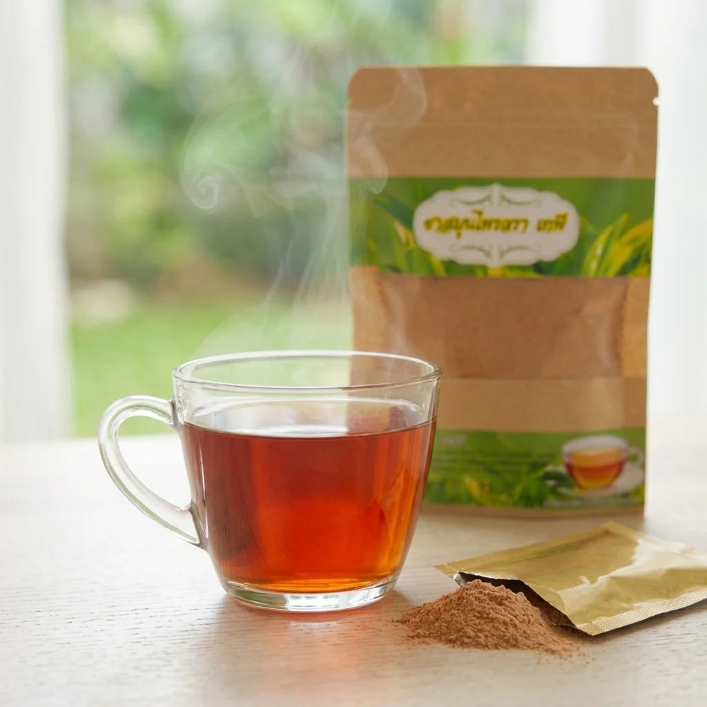 Thai Botanical Tea — 15-Herb Caffeine-Free Blend 2 Thai herbal tea freshly brewed in a glass cup, steam rising, an opened gold-foil sachet with a little of the finely ground blend beside it, kraft pouch behind