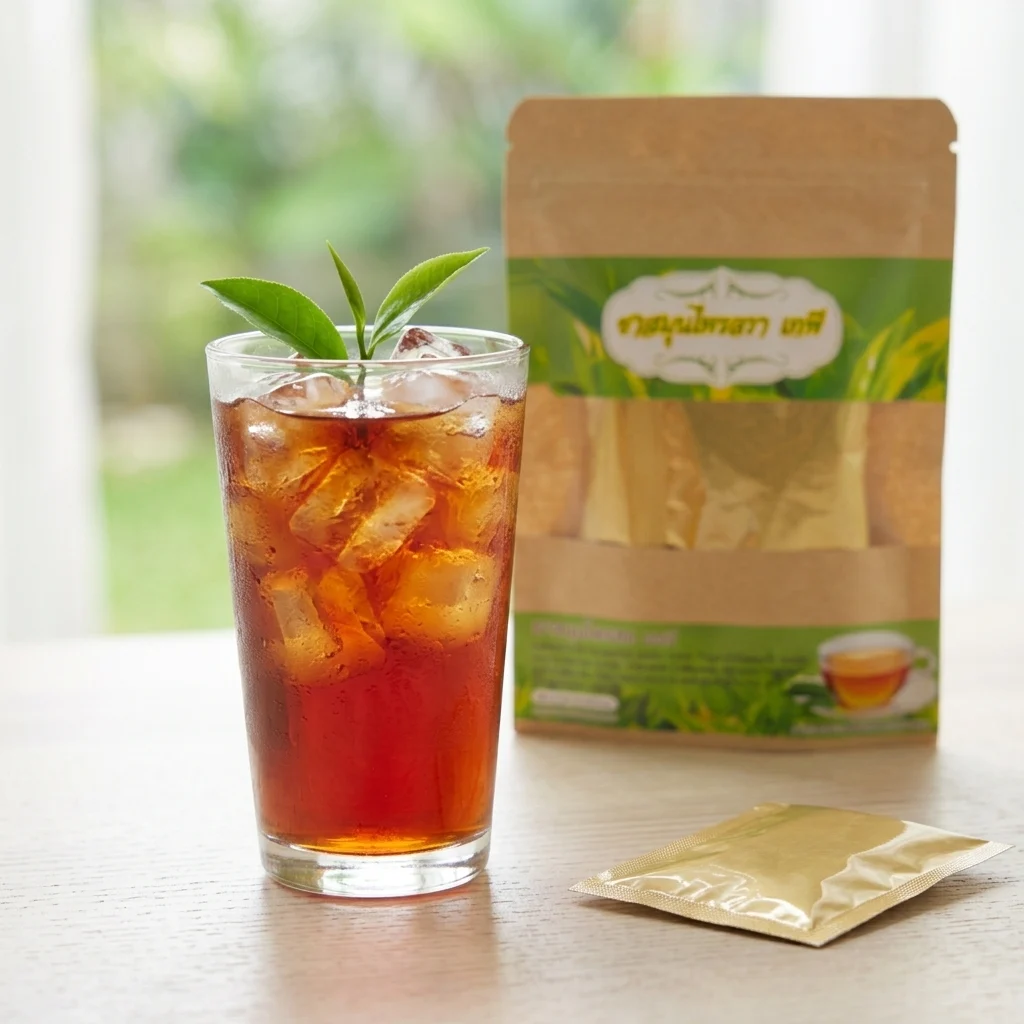 Thai Botanical Tea — 15-Herb Caffeine-Free Blend 4 Thai herbal tea served iced: a tall glass of the red-amber tea over ice with fresh green leaves, the kraft pouch and a gold-foil sachet beside it