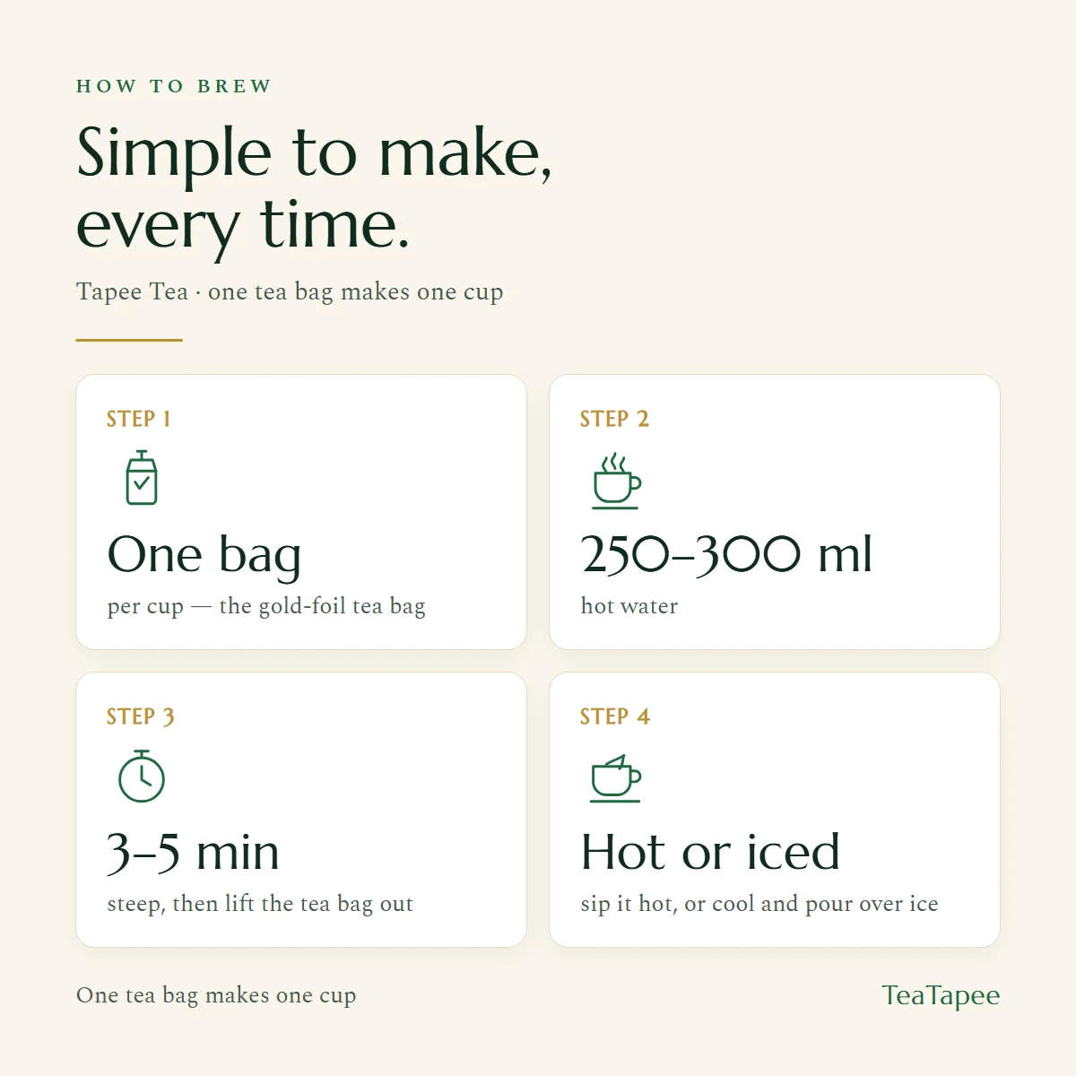 Thai Botanical Tea — 15-Herb Caffeine-Free Blend 5 How to brew Thai herbal tea: one teabag per cup, 250–300 ml hot water, steep 3–5 minutes, hot or iced