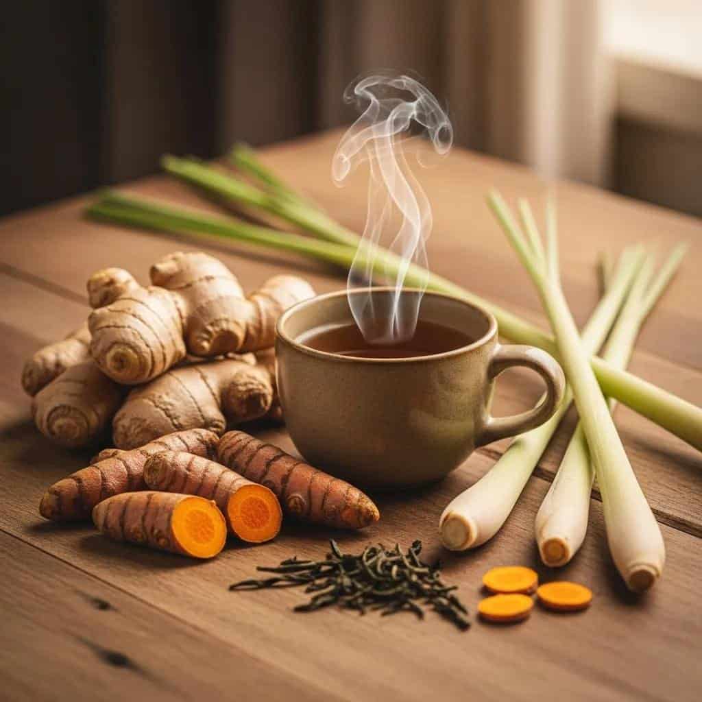 A steaming cup of Tapee Tea with fresh organic ginger and turmeric