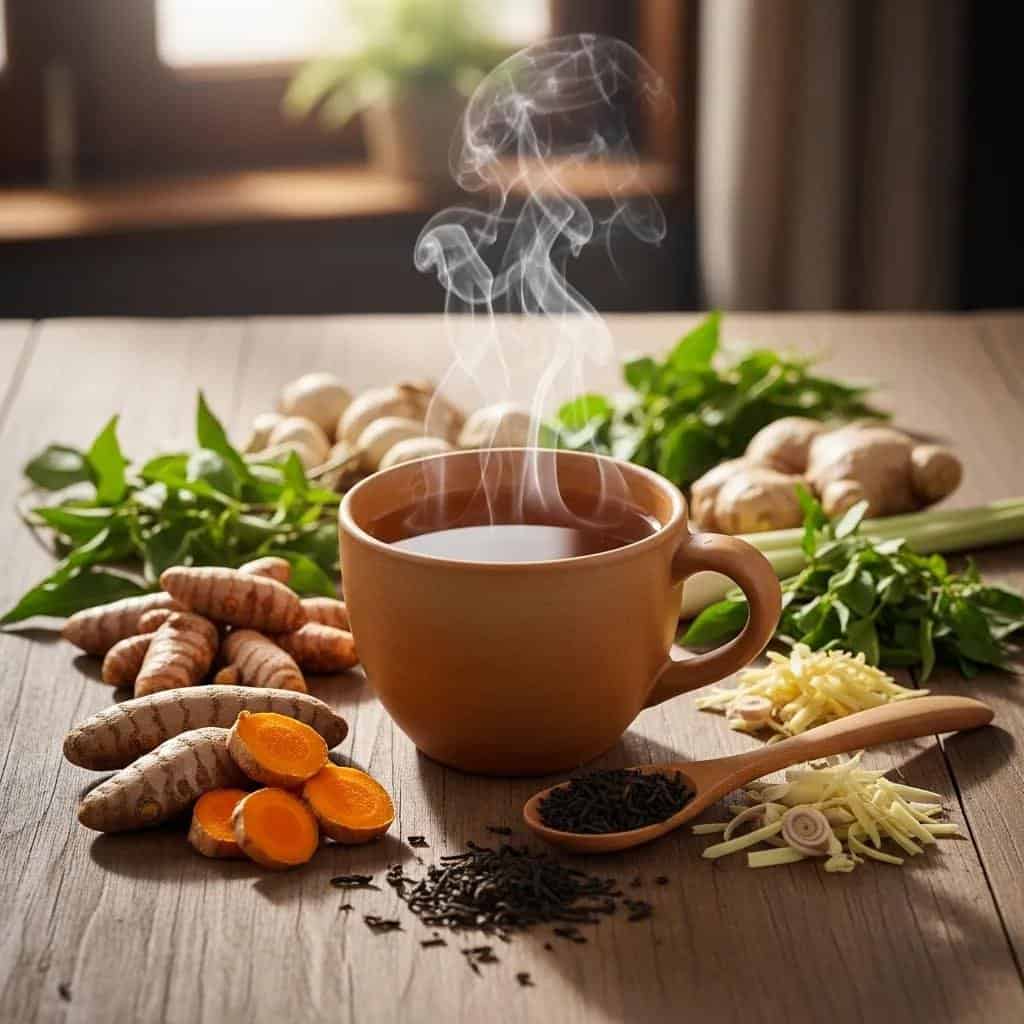Steaming cup of Thai herbal tea with fresh herbs and spices
