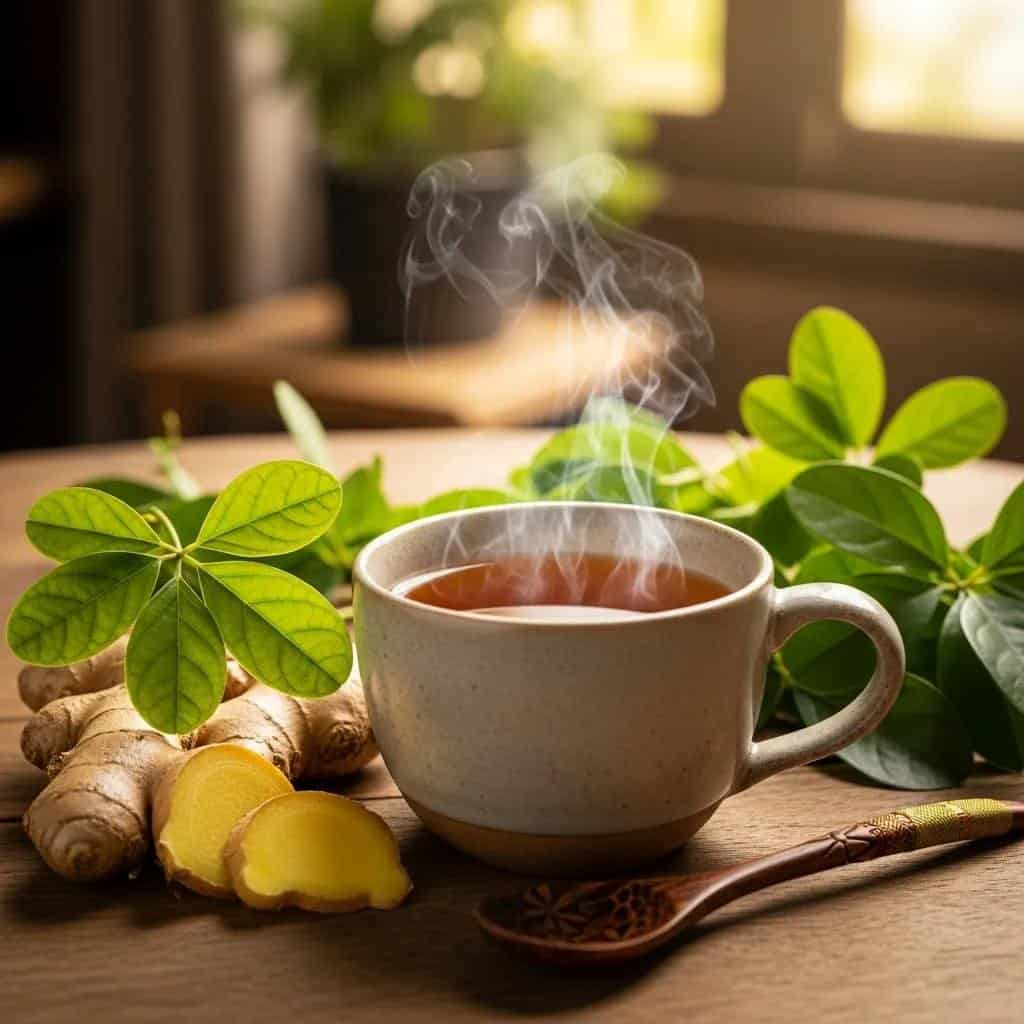 Steaming cup of Thai herbal tea with fresh herbs