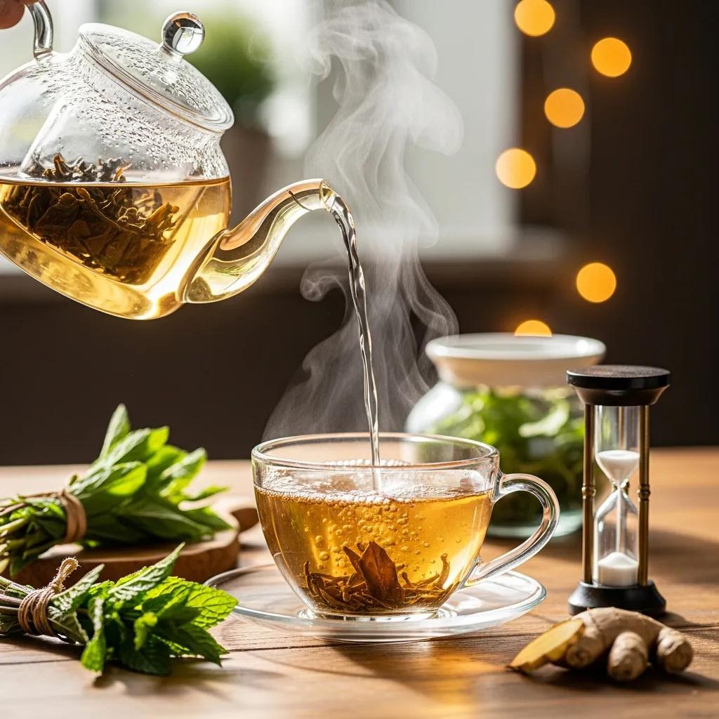 Brewing process of TeaTapee with fresh herbs and a clear glass cup