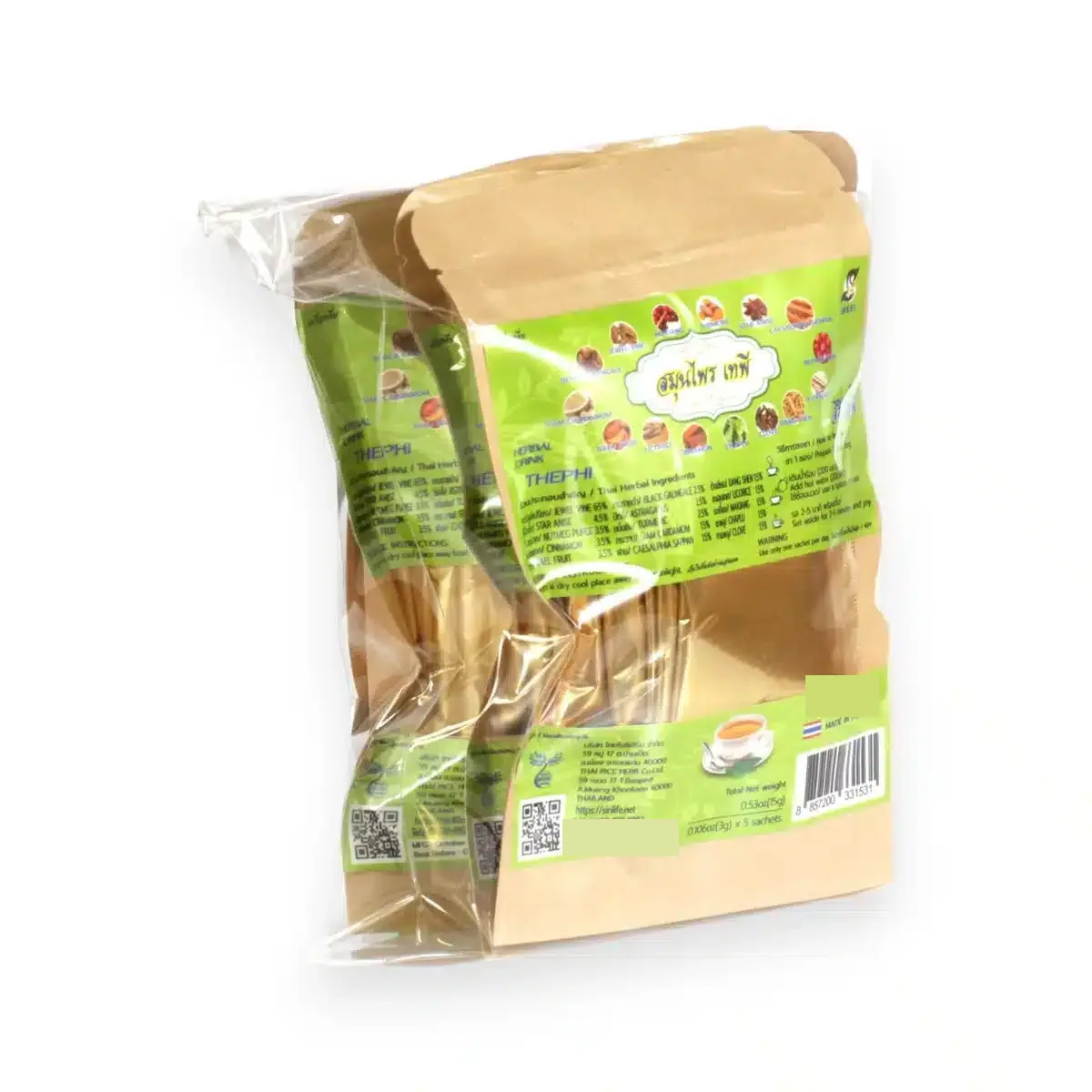 Tapee Tea New Recipe, 15-Herb Thai Herbal Tea Bags 4 Sirilife New Recipe 15-herb Thai tea: bundled pouches of golden teabags seen from the side