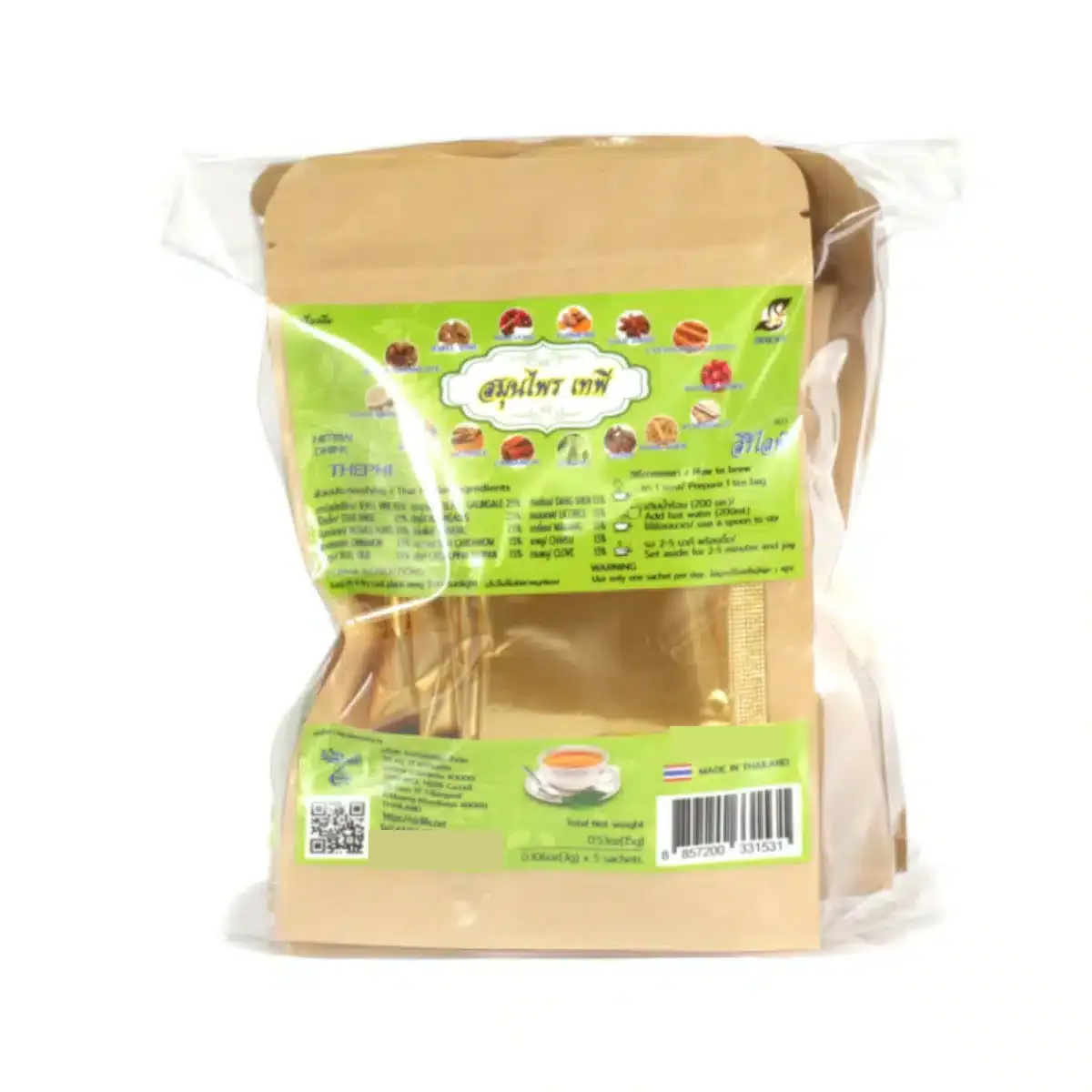 Tapee Tea New Recipe, 15-Herb Thai Herbal Tea Bags 3 Sirilife New Recipe 15-herb Thai tea: resealable pouches of golden teabags bundled in a clear outer bag