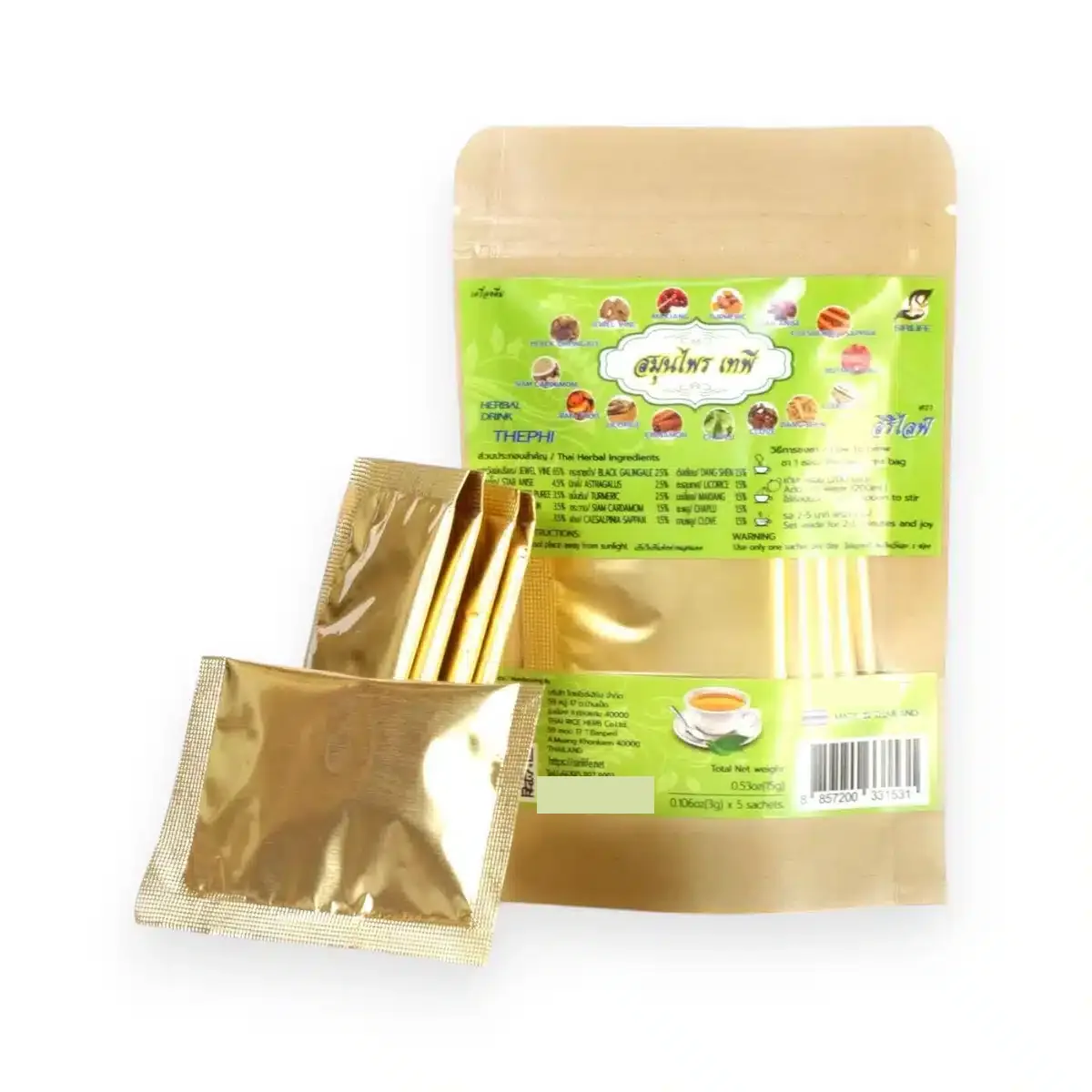 Tapee Tea New Recipe, 15-Herb Thai Herbal Tea Bags 2 Sirilife New Recipe 15-herb Thai tea: an opened pouch with two 3 g golden teabags beside it